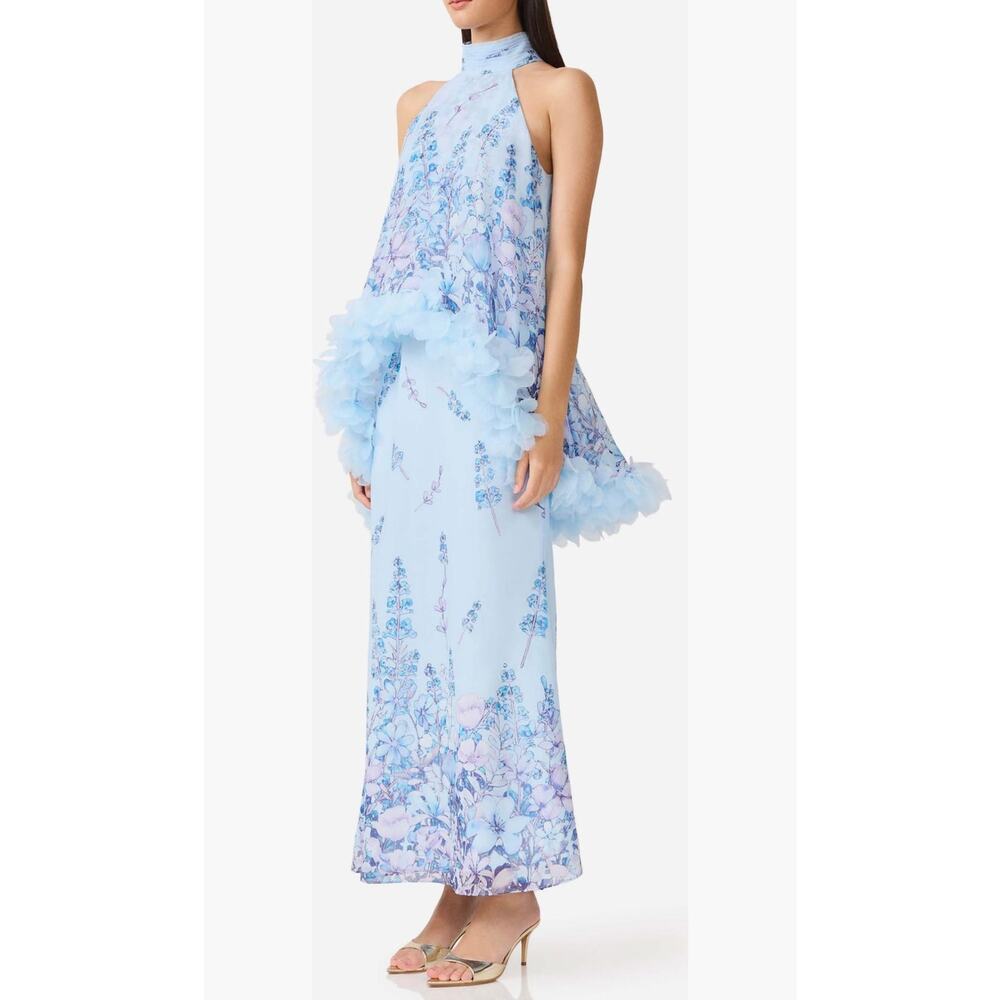 Elliatt Tulsia Floral Georgette Gown Light Blue Ruffle Halter Maxi Dress M - Picture 3 of 4